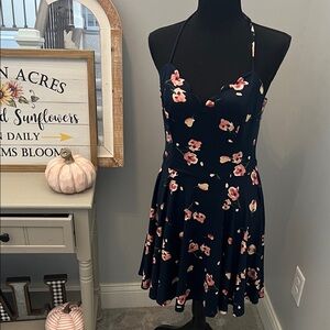 Chic Floral Halter Mini Dress - Navy and Pink